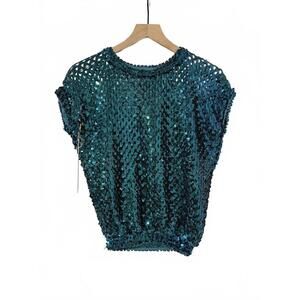 Vintage 80s Teal Sequin Mesh Knit Sweater